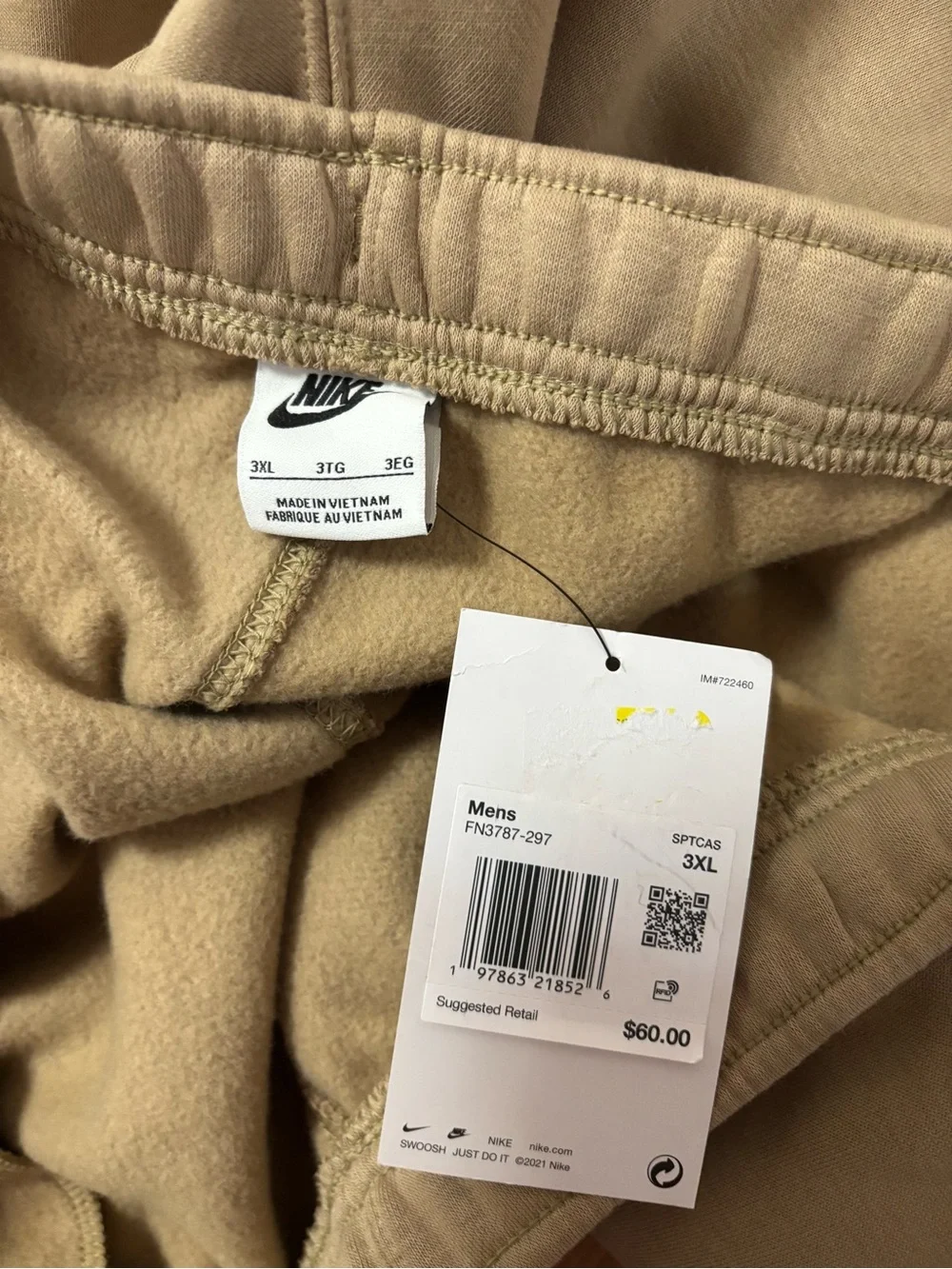 Nike Sportswear  Fleece Men's Jogger Pants Tan Size 3XL FN3787-297 NWT